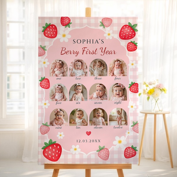 Berry First Birthday Photo Collage Template, Strawberry 1st Birthday Poster, One Year Milestone Board, Baby Photo Poster, Canva,  #SBT