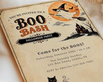 May include: A rectangular Halloween party invitation with a vintage paper texture. It features a ghost on a broomstick, a haunted house, and a black cat with a cauldron. Text reads: YOU'RE INVITED TO A BOO BASH, HALLOWEEN PARTY, Come for the BOOS!