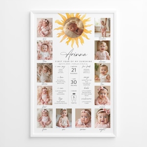 Letrero con el hito del primer cumpleaños de Sunshine, póster imprimible del primer año del bebé, tablero editable con el hito del primer cumpleaños, plantilla de collage de fotos
