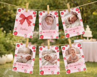 Berry First Birthday Photo Banner Template, Strawberry Baby's 1st Year Monthly Milestone Cards, Editable Canva, Digital Download, #SBT