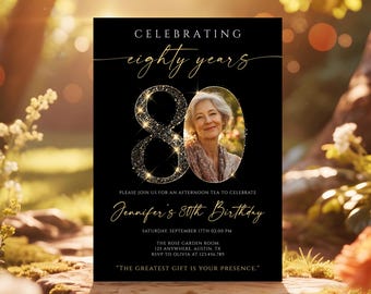 80th Birthday Invitation, Black and Gold Glitter Birthday Invite, Elegant Adult Party Printable, Man or Woman, Editable Canva Template #GBB1