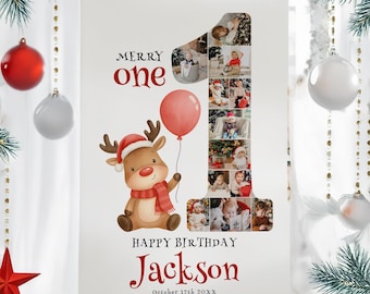 Merry One 1st Birthday Collage Template, Reindeer First Birthday Sign Poster, Christmas 1st Birthday for Boy, Canva Template, #CFB01