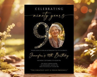 90th Birthday Invitation, Black and Gold Glitter Birthday Invite, Elegant Adult Party Printable, Man or Woman, Editable Canva Template #GBB1