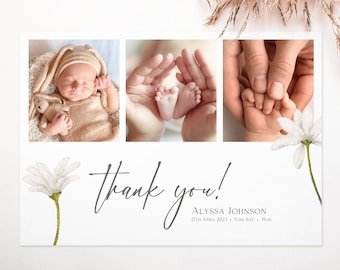 Baby Thank You Card Template, Daisy New Baby Card, Floral Thank you,  Printable Newborn Baby Thank You Cards, Newborn Baby Announcement