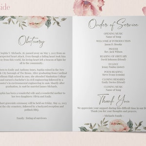 May include: A funeral program with a floral design on the front and back. The program includes the order of service, an obituary for Sophia Y. Michaels, and a thank you message from the Michaels family.