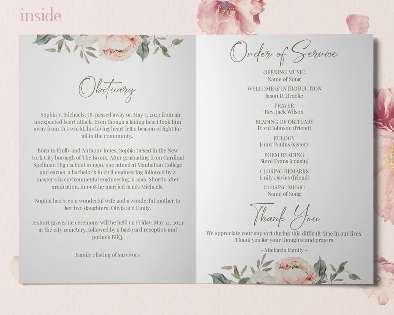 May include: A funeral program with a floral design on the front and back. The program includes the order of service, an obituary for Sophia Y. Michaels, and a thank you message from the Michaels family.