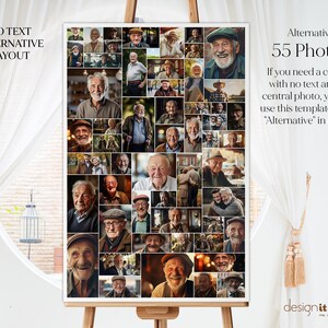 K&ouml;nnte beinhalten: Eine Collage aus 55 Fotos von &auml;lteren M&auml;nnern, angeordnet in einem Rastermuster. Die Fotos sind in verschiedenen Farben und zeigen die M&auml;nner in unterschiedlichen Umgebungen und Posen. Die Collage tr&auml;gt den Titel "Alternative 55 Fotos" und enth&auml;lt den Text "Wenn Sie eine Collage ohne Text und ohne zentrales Foto ben&ouml;tigen, k&ouml;nnen Sie diese Vorlage namens "Alternative" im Set verwenden".