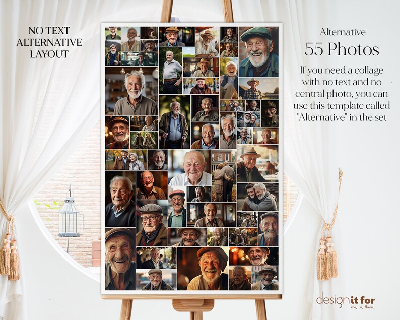 K&ouml;nnte beinhalten: Eine Collage aus 55 Fotos von &auml;lteren M&auml;nnern, angeordnet in einem Rastermuster. Die Fotos sind in verschiedenen Farben und zeigen die M&auml;nner in unterschiedlichen Umgebungen und Posen. Die Collage tr&auml;gt den Titel "Alternative 55 Fotos" und enth&auml;lt den Text "Wenn Sie eine Collage ohne Text und ohne zentrales Foto ben&ouml;tigen, k&ouml;nnen Sie diese Vorlage namens "Alternative" im Set verwenden".