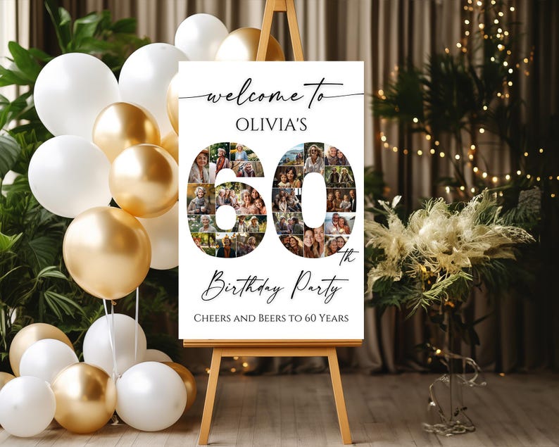 May include: Welcome to Olivia's 60th Birthday Party sign with a photo collage of the number 60. The sign is on an easel with balloons in the background.