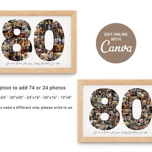 80th Birthday Photo Collage Template, Personalized 80th Birthday Gift for Grandma or Grandpa, Number Collage, Dad Gift, Birthday Gift, Canva image 2