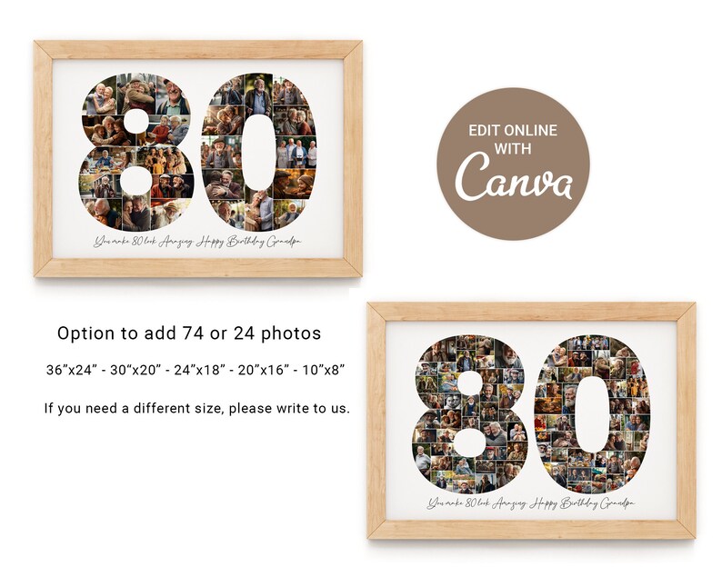 80th Birthday Photo Collage Template, Personalized 80th Birthday Gift for Grandma or Grandpa, Number Collage, Dad Gift, Birthday Gift, Canva image 2