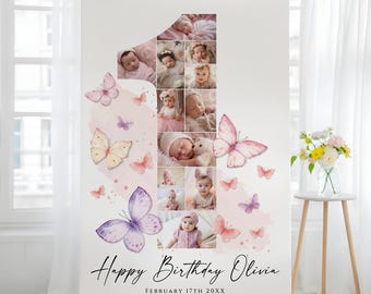 Butterfly 1st Birthday Photo Collage Template, 1st Birthday Poster, Editable Canva Template, Butterfly Birthday Party Decor for Baby Girl