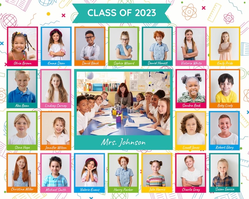 May include: A colourful collage of photos of pupils in a classroom setting. The photos are arranged in a grid pattern and each photo has a name and the text "Class of 2023" at the top. The teacher's name is "Mrs. Johnson".