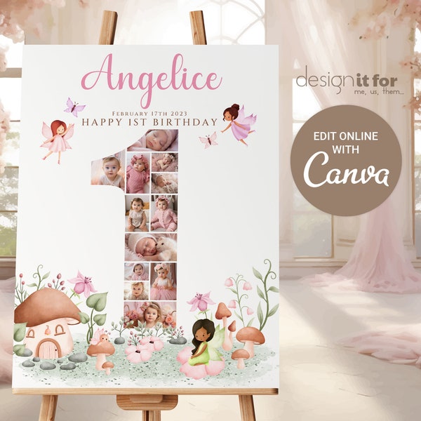 Fairy First Birthday Number Photo Collage, First Birthday Photo Milestone Sign, Editable Fairy 1st Birthday Photo Poster Template, Canva