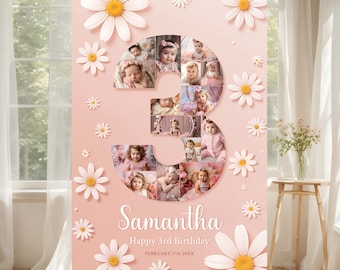May include: Pink birthday sign with a large number 3 made of photos. The sign is decorated with white daisies and the text "Samantha Happy 3rd Birthday FEBRUARY 17th 20XX".