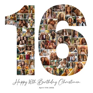Fotocollage zum 16. Geburtstag, Geschenk zum 16. Geburtstag, Geburtstagszahl 16 zum ausdrucken, Fotocollage zum 16