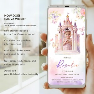 Animated princess castle birthday invitation video template featuring a fairytale castle design, editable in Canva, with space for a child’s photo and birthday details. Digital download animated video invite suitable for any age.
