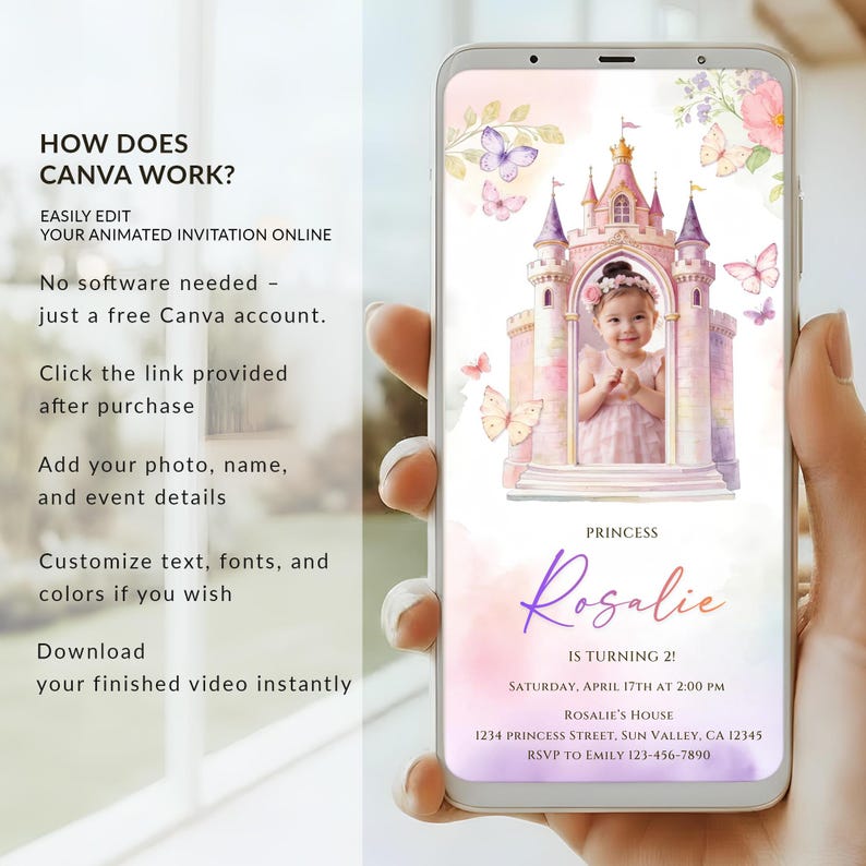 Animated princess castle birthday invitation video template featuring a fairytale castle design, editable in Canva, with space for a child’s photo and birthday details. Digital download animated video invite suitable for any age.
