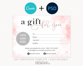Pink Gift Certificate Template, Editable Gift Certificate Template, Canva, PSD, Printable , Social Icons Digital Gift Certificate, 5x7 Gift