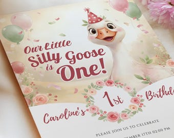 One Silly Goose Birthday Invitation Template, Silly Goose 1st Birthday Party Invite, Editable Canva, Digital Download