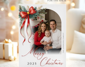 2026 Christmas Card Template, Holiday Photo with Red Bow, Family Photo Christmas Greeting, New Year Card, Christmas Photo Card, Canva, CPC26