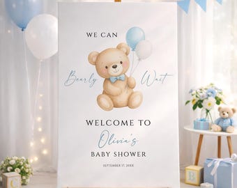 Teddy Bear Baby Shower Welcome Sign, Boy Baby Shower Decor, Blue Balloon Bear Printable Editable Canva, Digital Download, #BS07