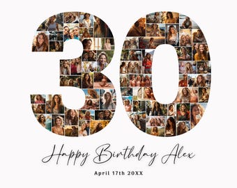 30th Birthday Photo Collage, 30th Birthday Gift, Birthday Number 30 Printable, 30th Photo Collage Template, Editable 30th Birthday, Canva