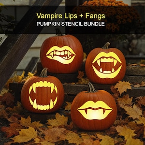 May include: Four orange pumpkins carved with glowing yellow vampire lips and fangs designs. The text Vampire Lips + Fangs PUMPKIN STENCIL BUNDLE is displayed at the top. Each pumpkin features a unique mouth shape with sharp teeth.