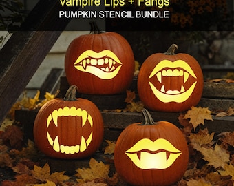 Vampire Lips and Fangs Pumpkin Stencils Bundle, Printable Halloween Carving Patterns (Digital Download), #JOL