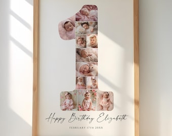Baby 1st Birthday Photo Collage | Number 1 First Birthday Poster | Editable Canva Template | Personalized Birthday Gift | Printable Wall Art