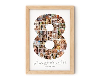 Birthday Number 8 Photo Collage, Birthday gift, Editable Birthday Photo Milestone Sign, Printable 8th Birthday Photo Poster Template, Canva