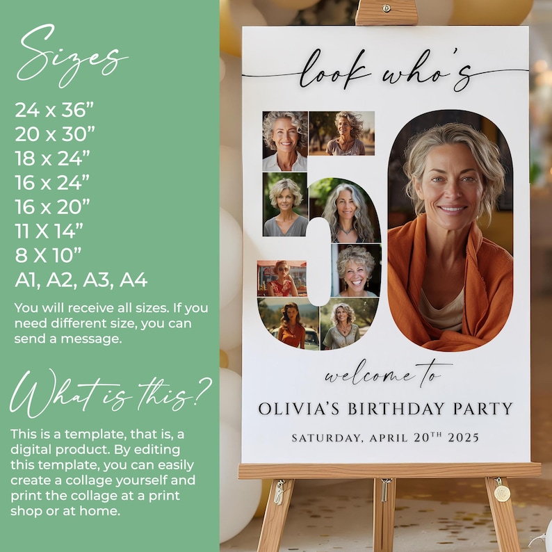 Editable 50th birthday photo collage welcome sign template