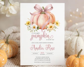 Little Pumpkin Baby Shower Invitation & Evite | Fall Baby Shower Template | Floral Bow Pumpkin Autumn Baby Shower | Editable in Canva, #BS02