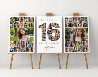 16th Birthday Welcome Sign Template Set, Customizable, Printable Sixteenth Birthday Photo Collage Bundle, Celebration Board for Boy or Girl