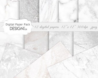 White Marble Digital Paper Pack, Grey Silver Marble Textures, white marble, marble backgrounds