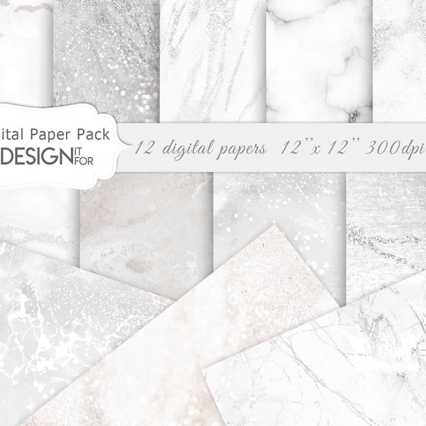 White Marble Digital Paper Pack, Grey Silver Marble Textures, white marble, marble backgrounds