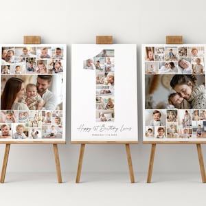 1st Birthday Welcome Sign Template Set, Customizable and Printable First Birthday Photo Collage Bundle, Celebration Board Baby Boy or Girl