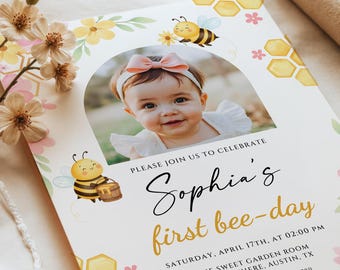 Bee First Birthday Invitation Template, 1st Bee-Day Photo Invite, Editable Canva, Digital Download, Girl 1st Birthday