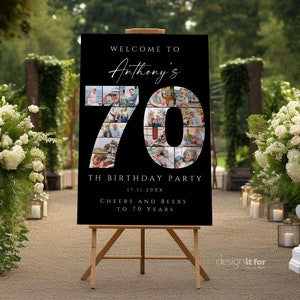 Black 70th Birthday Photo Collage Template Set, Personalized Birthday Poster Gift, Birthday Welcome Board for Grandma, Grandpa, Dad or Mom image 3