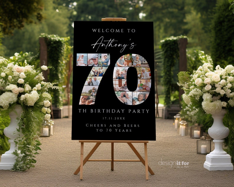 Black 70th Birthday Photo Collage Template Set, Personalized Birthday Poster Gift, Birthday Welcome Board for Grandma, Grandpa, Dad or Mom image 3