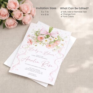 Girl baby shower invite with ribbon and floral bouquet design