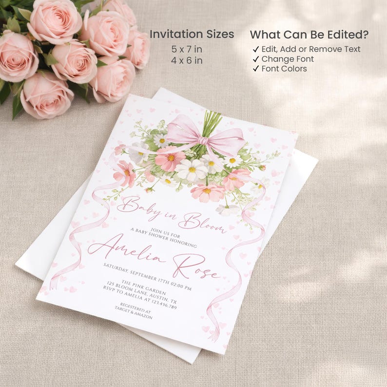Girl baby shower invite with ribbon and floral bouquet design