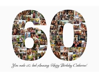 Plantilla de collage de fotos de 60 cumpleaños, regalo personalizado de 60 cumpleaños para mujeres, él, mamá, regalo de cumpleaños abuela abuelo, regalo familiar, Canva