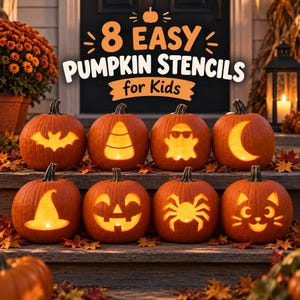 Pode incluir: Oito abóboras laranja dispostas em degraus, cada uma esculpida com um design único, incluindo um morcego, doce, fantasma, lua crescente, chapéu de bruxa, abóbora, aranha e gato. O texto diz 8 EASY PUMPKIN STENCILS for Kids.