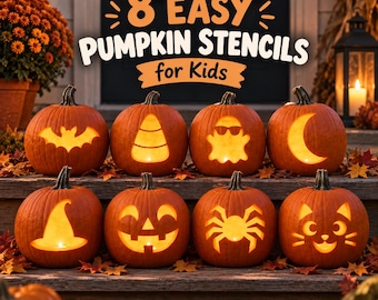 Easy Pumpkin Stencils for Kids, Printable Halloween Pumpkin Carving Templates, 8 Designs, Jack O Lantern Pattern (Digital Download), #JOL