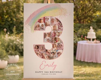 Rainbow 3rd Birthday Photo Collage Template, Third Bday Welcome Sign, Editable Poster (Canva Digital Download)