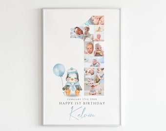 Penguin 1st Birthday Photo Collage Template, Personalized Birthday Gift for Baby Boys, First Birthday Photo Sign, Poster, Canva
