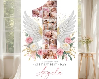 Könnte beinhalten: Ein vertikales Geburtstagsschild mit einer Fotocollage in Form der Zahl Eins, flankiert von weißen Engelsflügeln sowie rosa und weißen Rosen. Der Text lautet February 17th 20XX, Happy 1st Birthday und der Name Angela.
