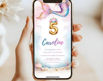Video zeemeermin 5e verjaardagsuitnodiging, geanimeerde verjaardagsuitnodiging, Under the Sea Evite, digitale uitnodiging, bewerkbare canva, digitale download
