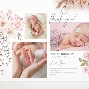 Modèle de carte de remerciement bébé, carte de bébé fleurs de cerisier, fleurs florales de remerciement, cartes de remerciement imprimables pour nouveau-né, faire-part nouveau-né